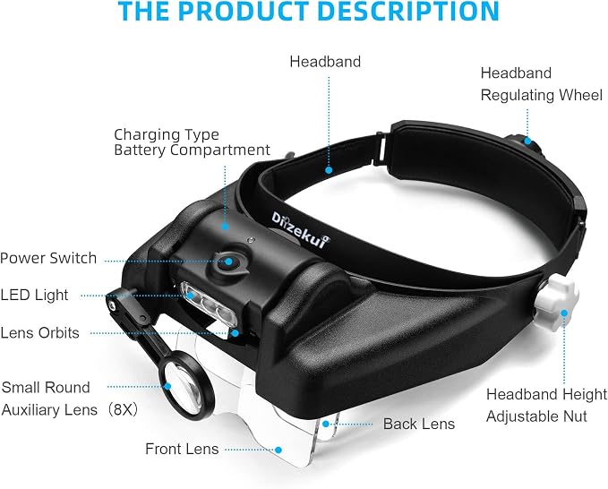 Dilzekui Magnifying Glass with Light 1X-14X, Rechargeable Headset Magnifier | 2 Lens Slots,Detachable Acrylic Magnifying Glasses Lens, Adjustable 2 Lightness, Head Magnifier for Close Work Jewelry Crafts