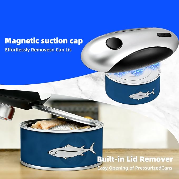 Kitchen Rechargeable Electric Can Opener, One-Touch Opening, Smooth Rim, USB-C Fast Charge, Senior Friendly, Silver, Hands-Free Design, Easy to Grip and Fits Most Cans