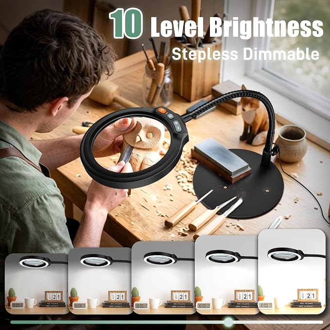 30X 10X Large Magnifying Glass with Light and Stand, 5-Inch Optical Grade HD Lens, 5 Color Modes Stepless Dimmable LED Desk Lamp, Hands Free Gooseneck Lighted Magnifier for Craft Painting Close Work