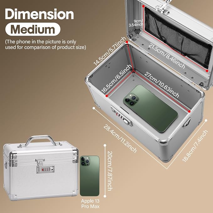 LOCKCURX Lock Box - Security Combination Lock Box, Locking Storage Case for Personal Items and Medicine, Childproof Lockable Lockbox for Home/Office/School, 11.2x7.4x6.8 Inch, Silver