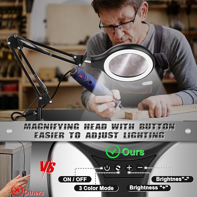 NZQXJXZ 10X 30X Large Magnifying Glass with Light and Stand 5-inch | Lighted Magnifier,3 Color Modes Stepless Dimmable, Hands-Free,Magnifying Desk Lamp for Reading, Craft, Hobby, Close Work
