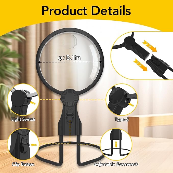 2500mAh Magnifying Glass with Light, 5X Hands Free Magnifier for Reading | Neck Magnifying Glass for Sewing, Knitting, Cross Stitch & Crafts, Rechargeable Lighted Magnifier for Seniors