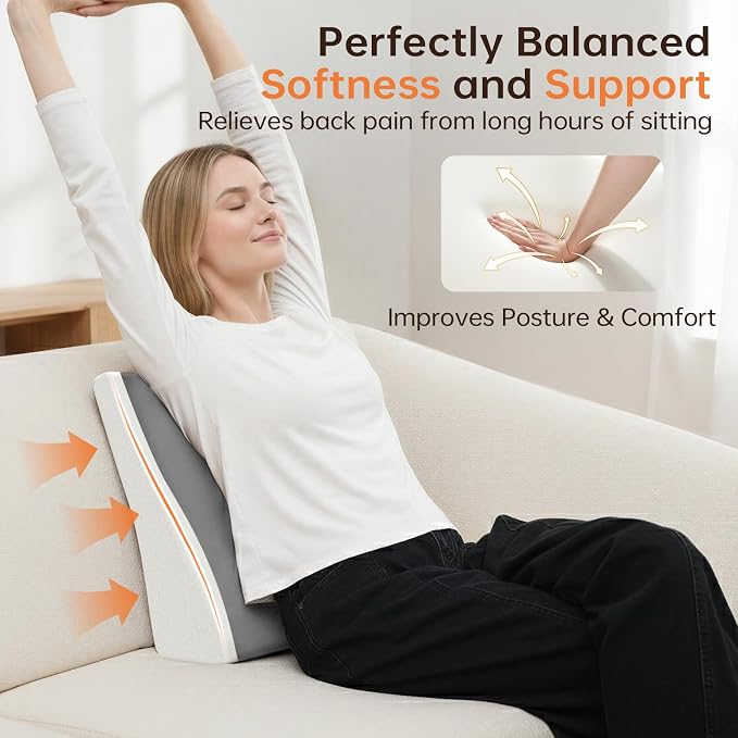 Vekkia Lumbar Support Pillow for Recliner, Ergonomic Back Support for Couch – Improve Posture, Relieve Back Pain for Long Sitting & Elderly, for Armchair & Sofa, Removable Cover, Gray