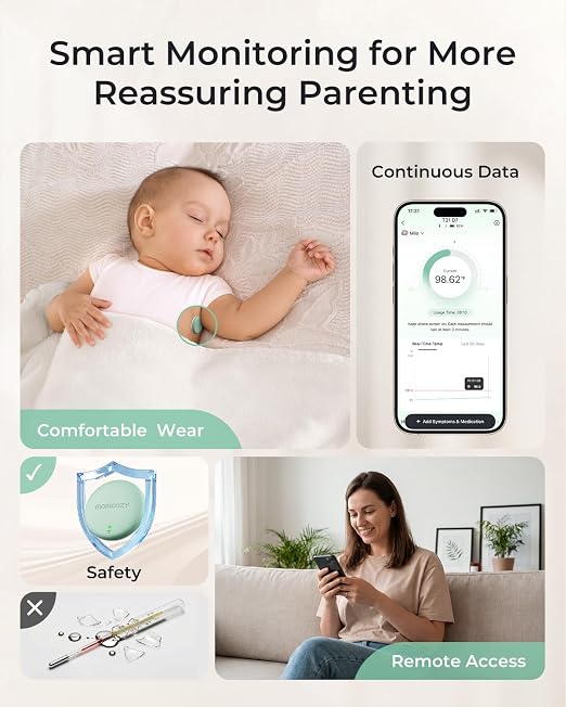 Momcozy Wearable Digital Thermometer for Baby, Continuous App Monitoring | Medical-Grade ,High Accuracy Thermometer for Kids & Infants, Instant Reads, Hypoallergenic 3M Sticker,APP Alert,Visual Trends