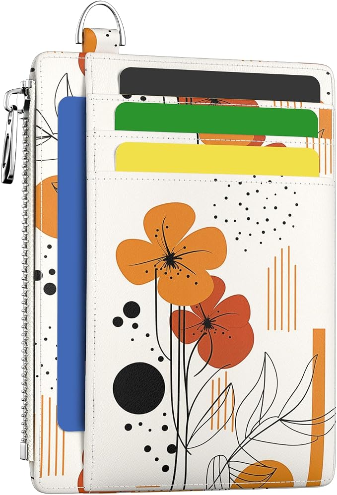 Hancynir Boho Flower Credit Card Holder Slim Wallet Women, RFID Small | Zipper Pocket Wallet, Thin Travel Coin Purse, PU Leather, Minimalist Card Case, 6 Card Slots, ID Window, Ladies Women Gifts