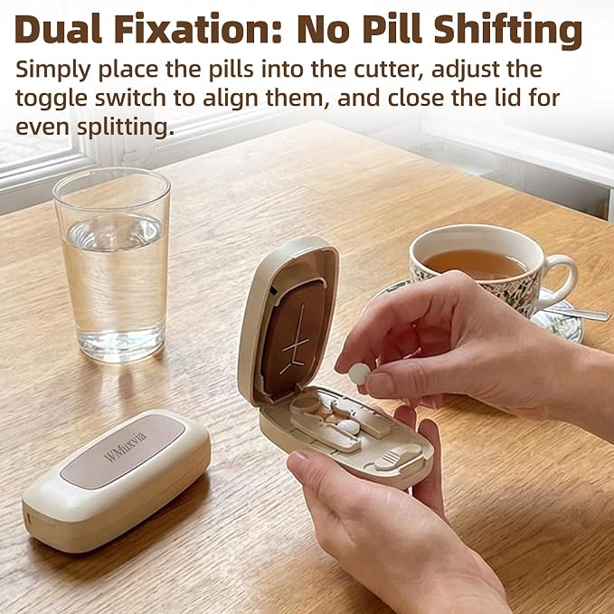 Adjustable Slot Pill Cutter - Fits Small/Large Pills, Vitamins, Oval/Long Tablets | 1/2, 1/3, 1/4 Even Splitting, Dual Fixing Clips, Multi-Pill Cutting, Precision Split, Hidden Sharp Blade