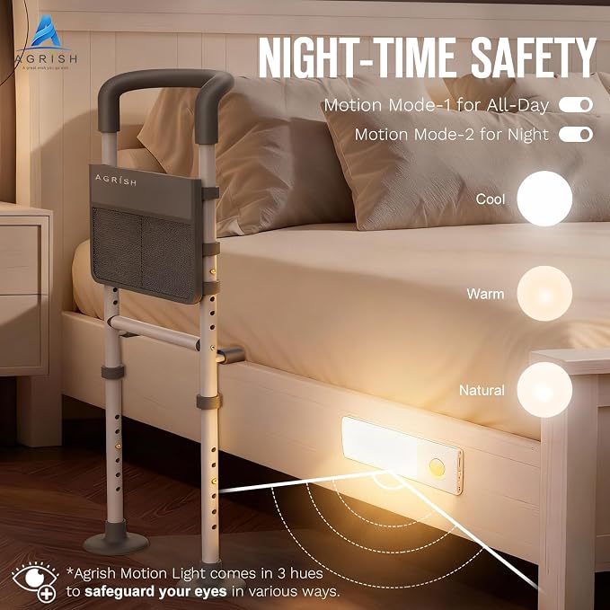 Agrish Bed Rails for Elderly Adults Safety, Adjustable Bed Rails for Seniors Supports 350LBS with Motion Lights & Storage Pocket, Stable Bed Cane with Non-Slip Grip, Tool-Free