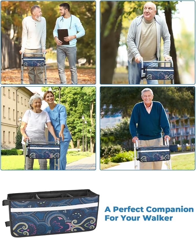 JOYTUTUS Walker Basket for Seniors, Basket for Walkers with Cup Holder, with Two Split Board, Foldable Walker Storage Bag, for Family and Friends, Navy (Not Fit Rollator Walkers)