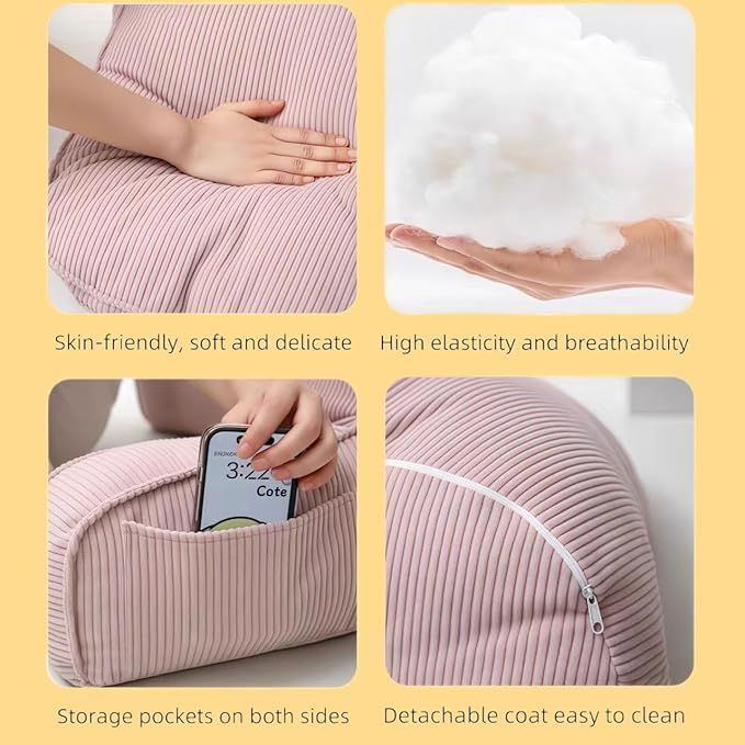 Reading Pillow for Sitting in Bed Adult & Teens, Large Backrest Pillow with Detachable Neck Support Cushion, Designed for Bed and Couch Sitting Up with Arms and Side Pocket.(Pink)