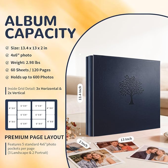 Photo Album 4x6 600 Pockets Slip In Extra Large Capacity | PU Leather Cover Picture Album Holds Horizontal & Vertical Photos for Family Wedding Baby Anniversary Christmas Gift