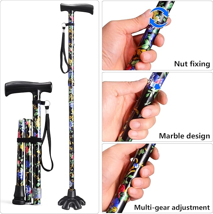 Floral Canes for Women Folding Cane for Stability with Non-Slip Base, Adjustable Walking Cane for Seniors - Lightweight Collapsible Walking Sticks with T & Offset Handle