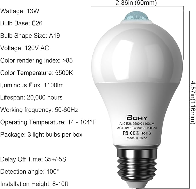 Motion Sensor Light Bulbs, 5500K Daylight Motion Activated Dusk to Dawn Security Light Bulb, 13W(100W Equivalent) E26 A19 Security LED Bulb Outdoor/Indoor, 3 Pack