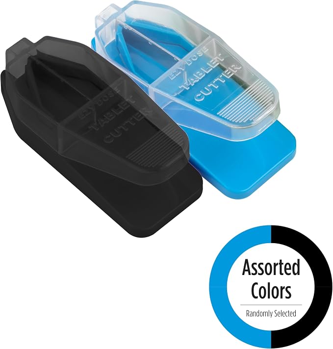 EZY DOSE Pill Cutter and Splitter, Safely Cuts Large, Small and Tiny Pills, Vitamins, Tablets in half, Accurate Easy Cutting, Stainless Steel Blade, Travel Sized, Easy to Use, Color May Vary, BPA Free