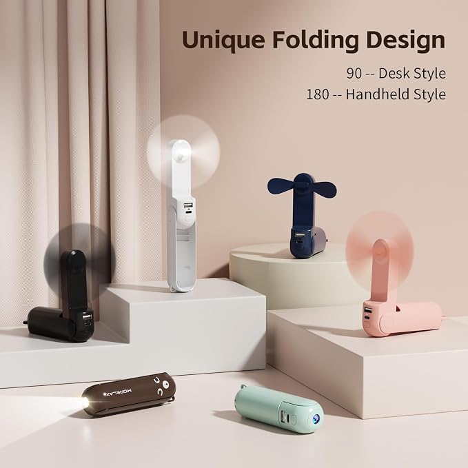 Morelax Portable Fan, Mini Handheld Fan with Power Bank, Cute USB Rechargeable Pocket Fan, Foldable Small Cooling Fan with LED Light, Personal Travel Fan,Summer,Beach Essentials,Summer Gift for Women