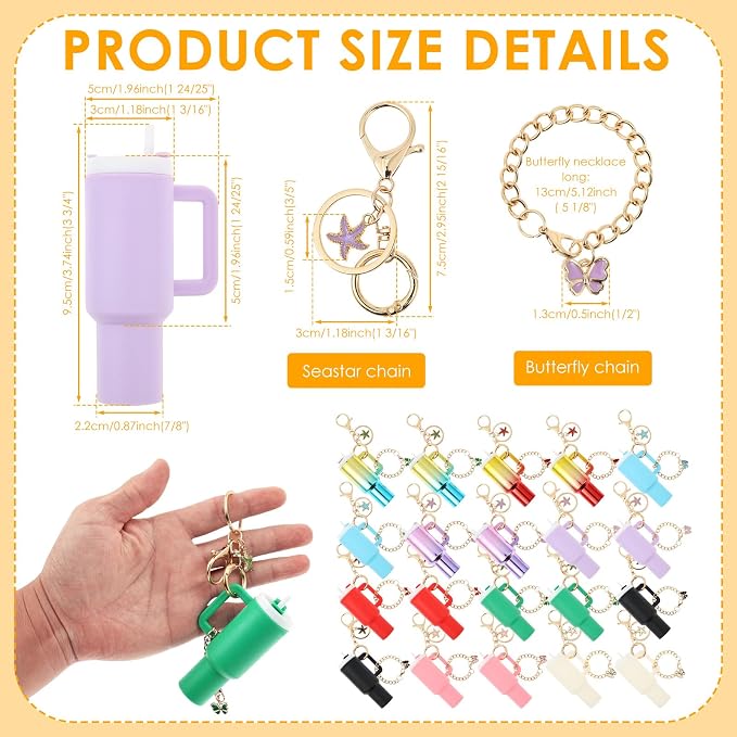 16PCS Mini Tumbler Keychain Accessories for Stanley Cup Cute Chapstick Holder Key Chain Charms for Women Men Girls