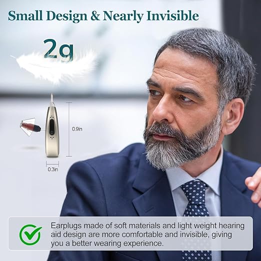Rechargeable Hearing Aids for Seniors Adults Hearing Loss, Receiver-In-Canal(RIC) Hearing Amplifier, Three Noise Reduction Modes, Comfortable Fit, OTC (Champagne)