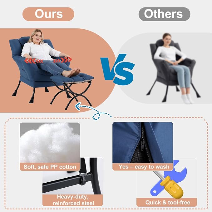 Lazy Chair with Ottoman, Comfy Reading Chair for Bedroom, Blue | Comfy Bedroom Accent Chair with Washable Removable Cover and extra throw pillow for Living Room Dorm