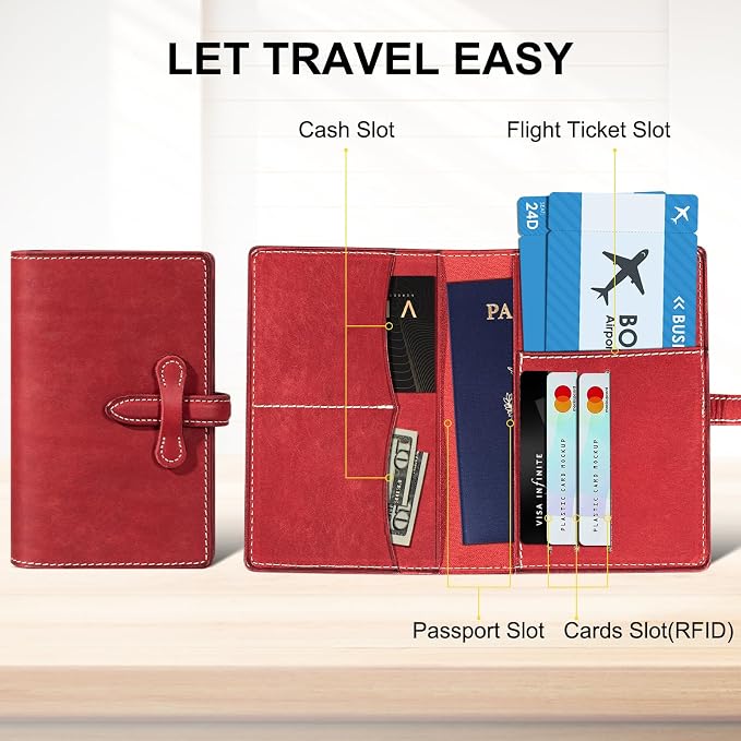 Leather Passport Holder for Travel,Passport Wallet,Red | RFID Blocking Card Slot,Top-Grain leather with Magic Buckle,Boarding Pass Pocket,Retro Style,Slim and Light-weight