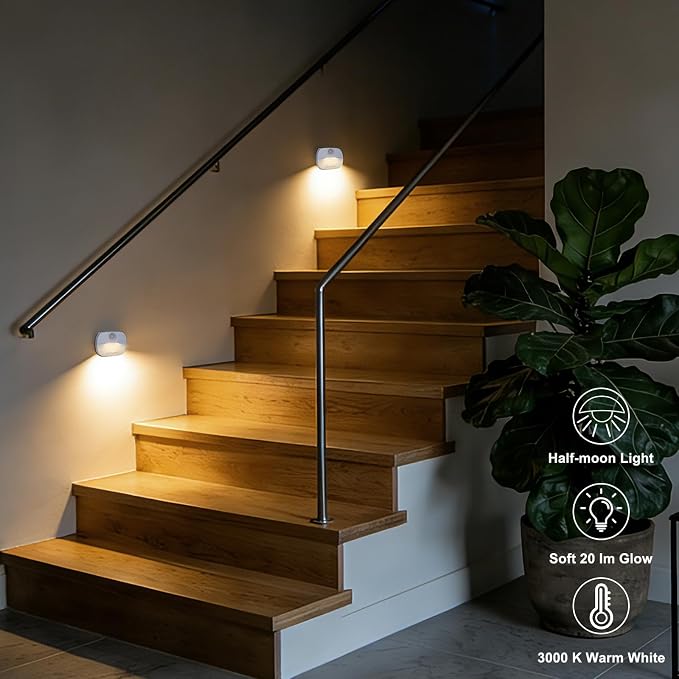 DiCUNO Motion Sensor Night Light, Stick-On, Battery Operated, 3000K, 4-Pack | Stick-On Nightlight with Dusk to Dawn Sensor, 20lm, Warm White, 0.5W, Night Lights LED for Bedroom, Bathroom, Hallway, Stairs