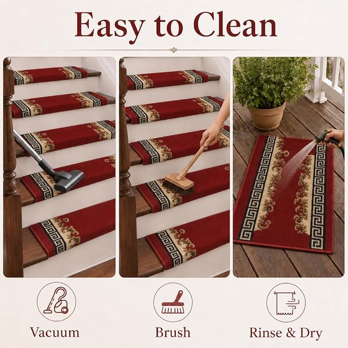 Rounded Bullnose Carpet Stair Treads for Wooden Steps Indoor, No Tape Non Slip Step Mats with TPU Backing & Steel Reinforced Edge for Dogs Elders,Red Border,2
