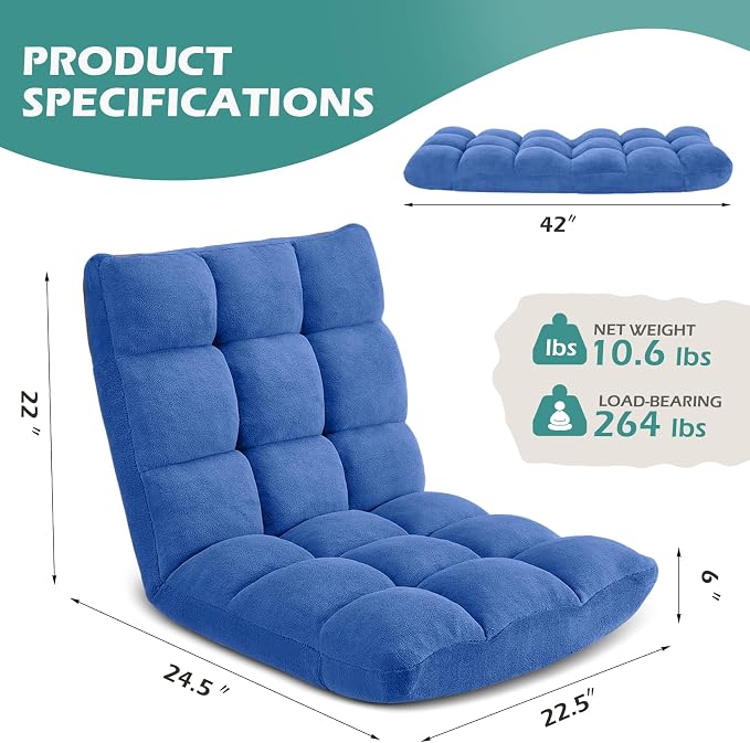 Folding Floor Gaming Chair 14-Poistion Cushioned Adjustable Floor Lazy Sofa Chair w/Breathable Cotton & Skin-Friendly Velvet for Adults & Kids Perfect for Reading Gaming Meditating, Babyblue