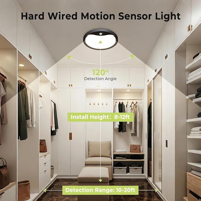 hepside 4 Pack Motion Sensor Ceiling Light Wired, 3000K/4000K/6500K LED Flush Mount Ceiling Light Fixture, 12Inch 24W Motion Sensor Light with Timer for Closet Stair Porch Hallway Pantry,Black