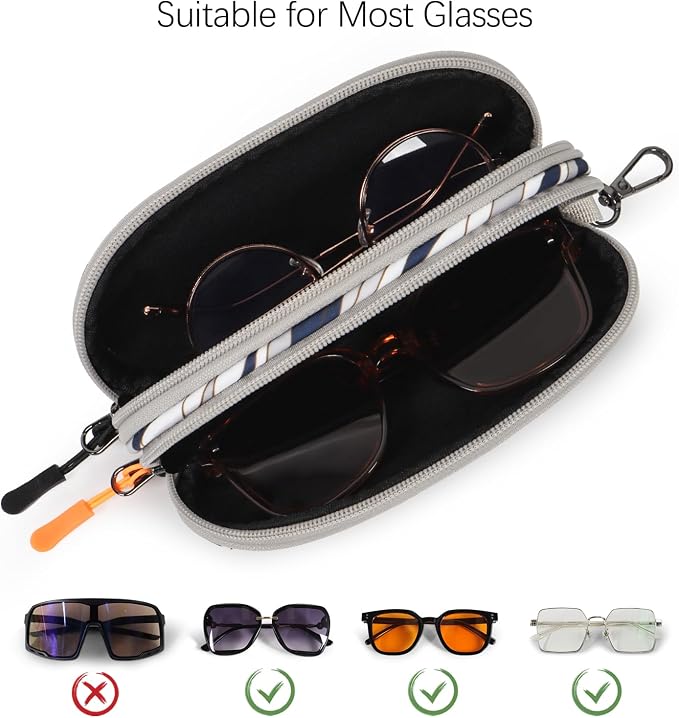 Double Eyeglasses Case Soft Portable Zipper Sunglasses Pouch with Keychain Clip for Men Women