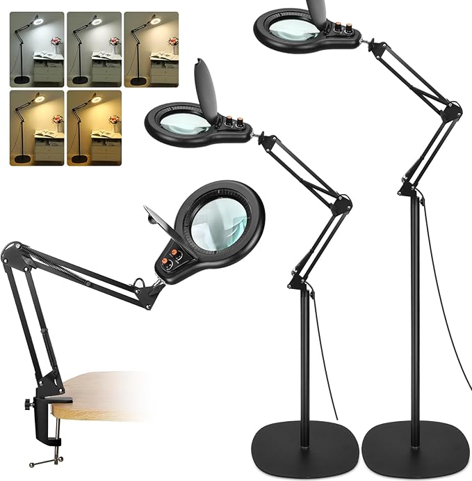 12X Magnifying Glass with Light and Stand, Switch Knob for Multi-Color Modes Dimmable, 3-in-1 Adjustable Swing Arm Floor Lamp, Hands Free Lighted Magnifier for Reading Close Work - Black