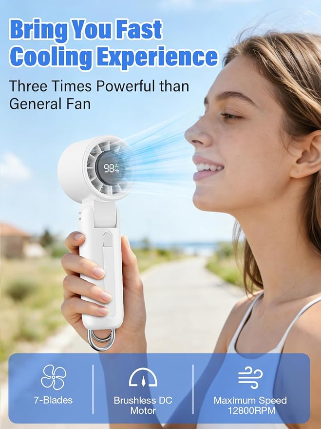 AI Handheld Fan Turbo, 100-Speed Portable Fan Rechargeable, Mini Fan with 12800 RPM Strong Airflow, Foldable 4-in-1 Personal Fan for Travel, Camping, Beach & Office, USB-C & Lightweight & Quiet
