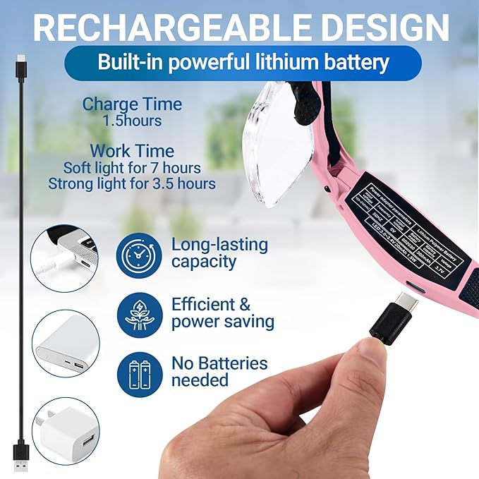 YOCTOSUN Magnifying Glasses with Light, Rechargeable Magnifying Headset with 5 Detachable Lenses 0.75X-4.0X and 3 LED Lights, Hands Free Headband Magnifier for Close Work Hobby Crafts Jewelry
