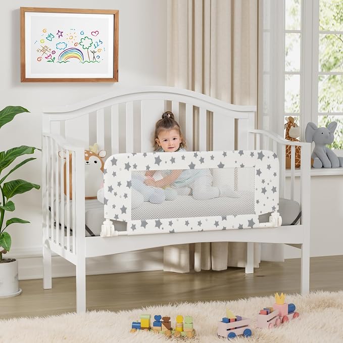 NUTIKAS Crib Rail Guard for Toddlers - 35.3" Toddler Bed Rails Convertible Safety Side Protector Swing Down Mesh Breathable Bed Barriers White Anchor Safety with Reinforced