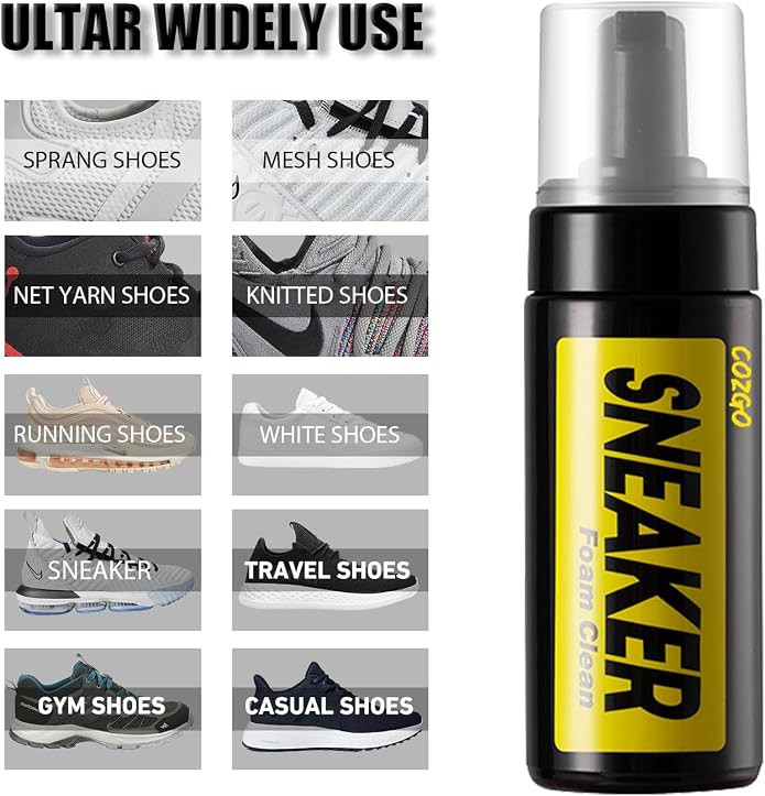 COZGO Shoe Cleaner Kit for Sneaker, Water-Free Foam Sneaker Cleaner 5.3Oz with Shoe Brush and Shoe Cloth,Work on Most Shoes