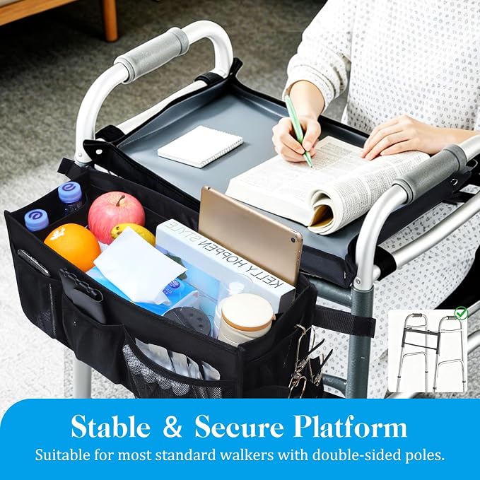 Walker Basket for Seniors, Walker Storage Bag with Reinforced Tray | Large Capacity Walkers Organizer, Multi Pockets, Stable Walker Accessories for Reading Eating Daily Essentials