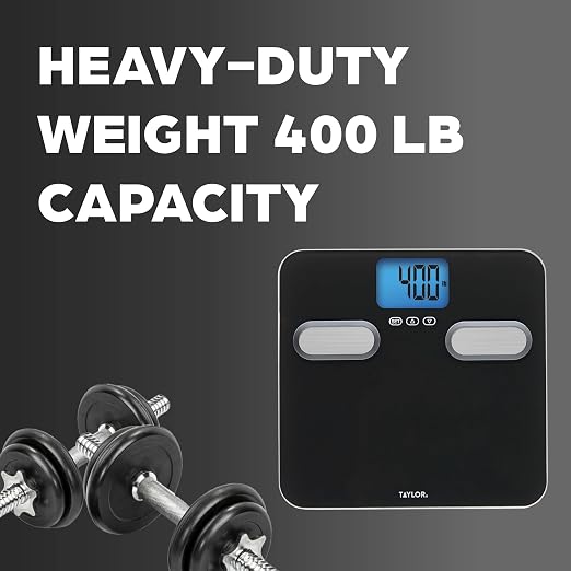 Taylor Smart Body Composition Scale with Precision Hub App, Digital Bathroom Scale for Body Weight, Body Fat, Water, Muscle Mass & BMI, 400 lb Capacity, Backlit Display, Glass Platform, Black