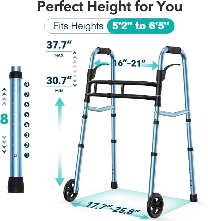HOMENURSE Narrow Walkers for Seniors, Folding Walker with Skis and 5" Wheels for Small Spaces, Adjustable Width & Height, Aluminum Lightweight Standard Rolling Walker, Support Up to 350lbs, Blue