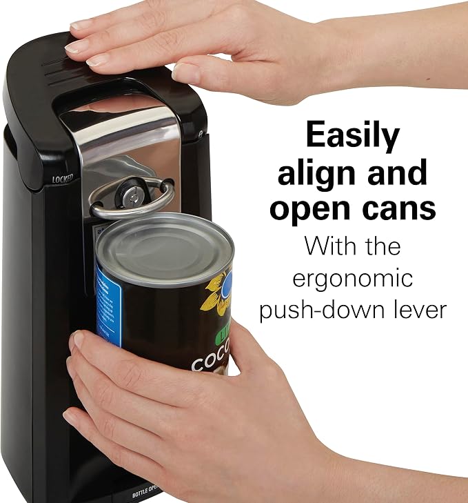 Hamilton Beach Smooth Touch Electric Can Opener With Easy Push Down Lever | Opens All Standard, Extra-Tall & Pop-Top Cans | Includes Bottle Opening Accessory | Built-In Knife Sharpener | Black | 76608