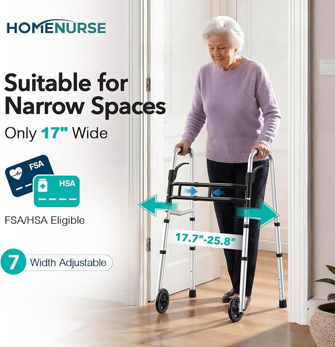 HOMENURSE Narrow Walkers for Seniors, Folding Walker with Skis and 5" Wheels for Small Spaces, Adjustable Width & Height, Aluminum Lightweight Standard Rolling Walker, Support Up to 350lbs, Silver