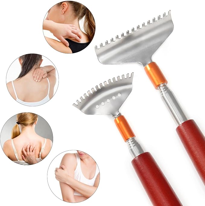 Back Scratcher with 2Pcs Wide Detachable Heads, Azymi Telescopic Back Scratcher for Women Men, 304 Stainless Steel Claws/Roller Ball/Wooden Handle, Long Big Heavy Duty Head Body Scratcher Massager
