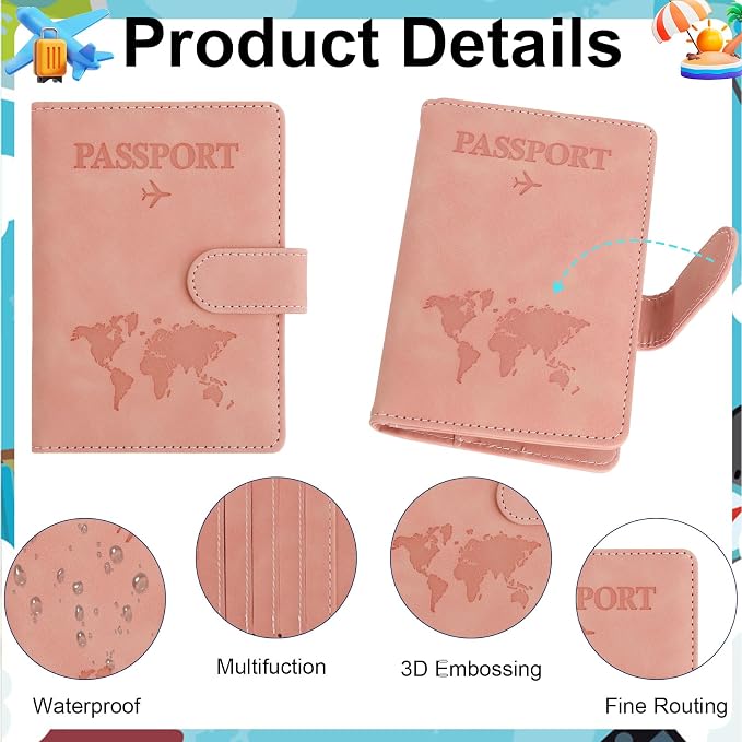 Passport Holder for Travel Essentials, Pink Leather Passport Cover, Passport Wallet Holders for Women Men Family Travel Gifts Must Have Accessories, Credit Card Cash Air Ticket Storage Supplies