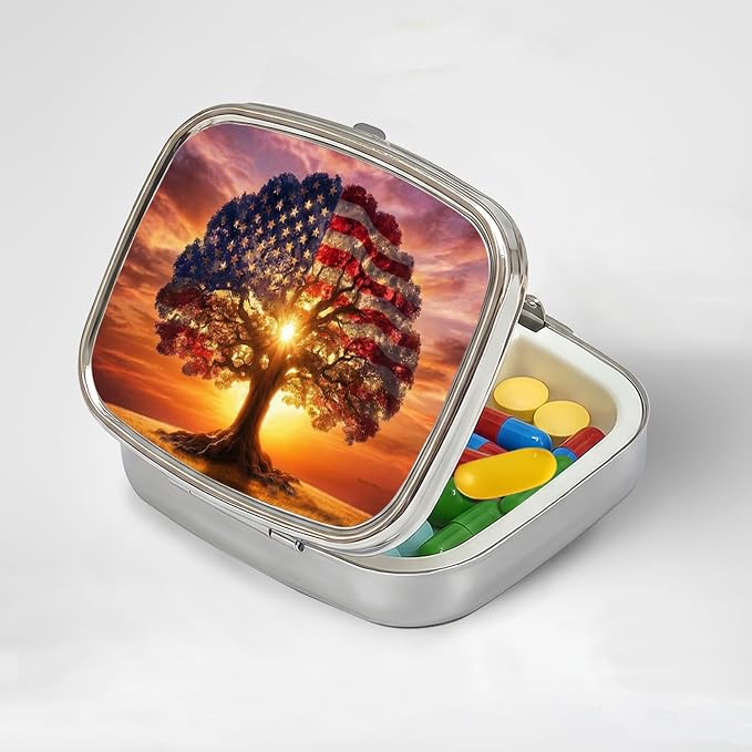LRITER Pill Case, 2 Compartment Portable Small Travel Pill Organizer for Purse and Pocket, Stylish Medicine Case with Multiple Patterns, Daily Pillbox for Home & Travel (Flag Tree)