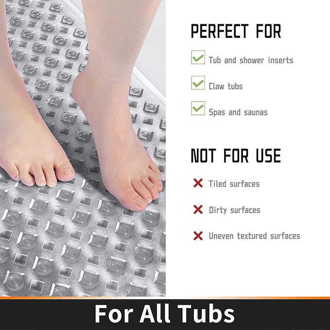 Yimobra Non Slip Bath Mat, Super Strong Suction Cups,34.5"x15.5"Long Tub Mat with Drain Holes, Machine Washable Fast Draining Shower Mats, Bathroom Essentials,Clear Gray