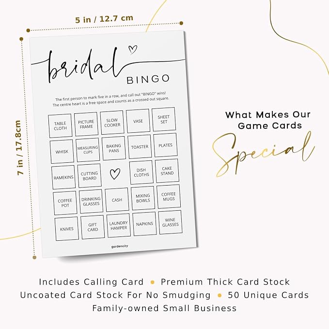 GardenCity Bridal Shower Gift Bingo, Bridal Shower Games for 50 Guests, Prefilled with Perforated Calling Card, Minimalist