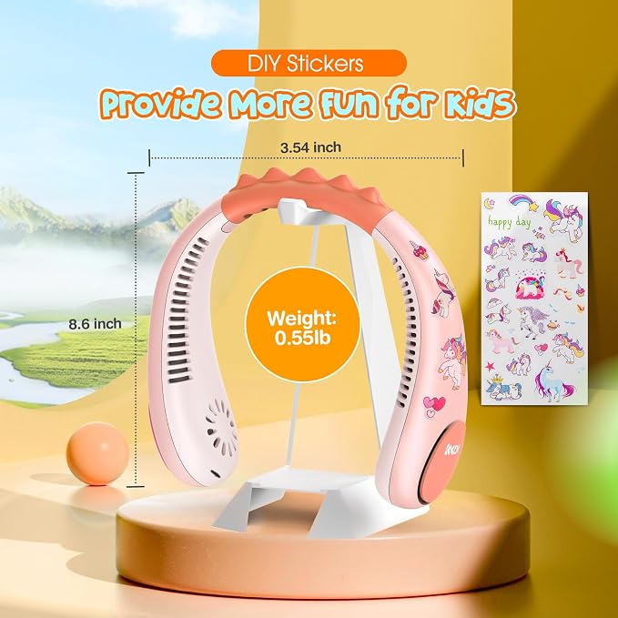 Unicorn Kids Neck Fan, Safe Bladeless Fan with Unicorn Sticker, Hands-free Portable Rechargeable Cooling Fan, 2600mAh Personal Fans for 4-14Y Girls, 4 Speeds, Lightweight, Summer Gifts for Kids