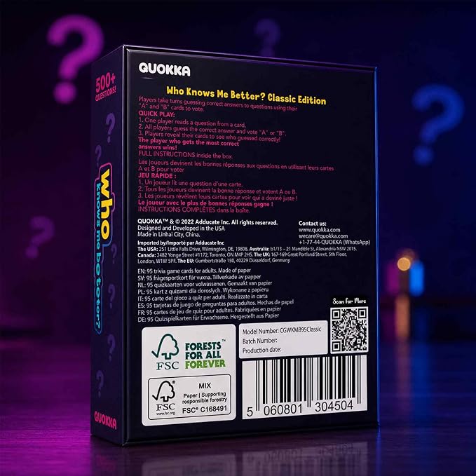 QUOKKA Board Games for Adults and Teens – Who Knows Me Better Classic – Family Trivia Card Game with 500+ Questions for Party Night – Fun Guessing Game Ages 15+