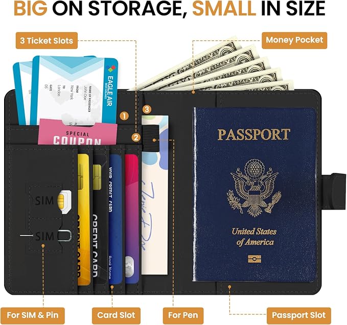 Passport Holder for Travel Essentials, RFID Blocking Leather Cover Wallet with Magnetic Closure, Aesthetic & Cute Passport Book Case for Women and Men - Black