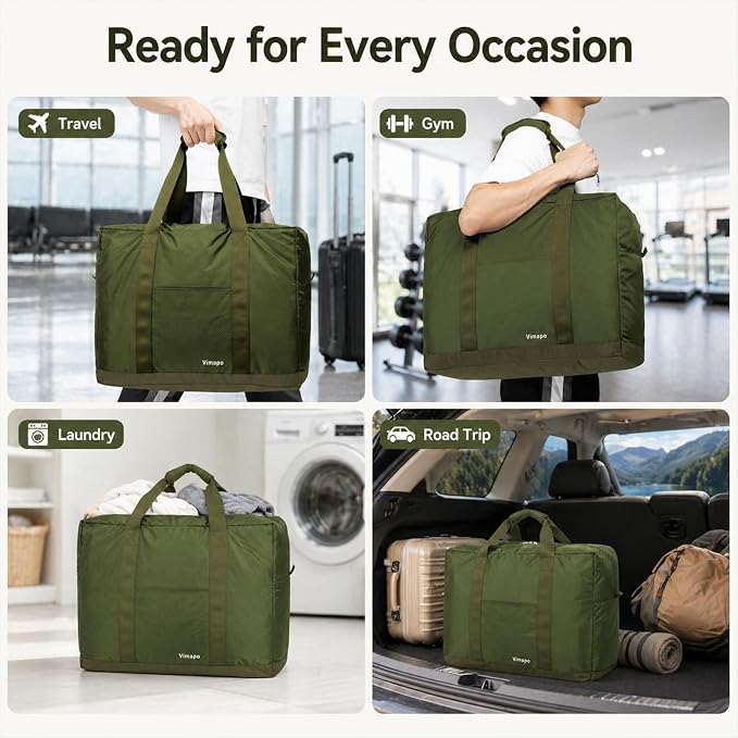 Foldable Travel Duffle Bag with Trolley Sleeve 40L Capacity, Lightweight Packable Travel Duffel Bags with the Keyhole Zipper, Weekender Overnight Nylon Carry on Bag for Men & Women, Army Green