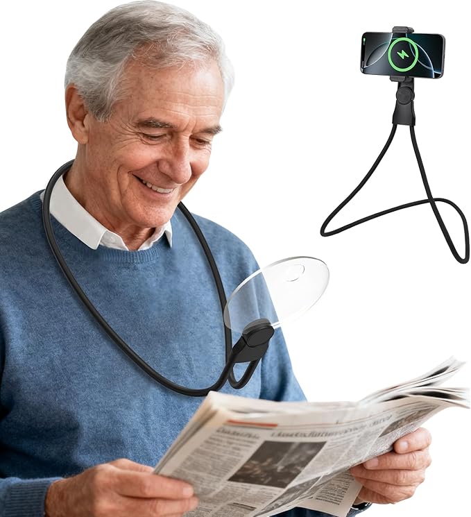 2 in 1 Hands Free Magnifying Glass, Desktop Cell Phone Stand, 10X 20X Magnifying Glass for Reading, Flexible Lazy Bracket DIY Free Rotating on Table, for Sewing, Cross-Stitching