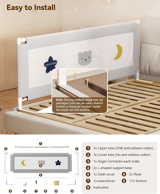 74.8” Baby Bed Rail Guard for Toddlers, Thickened Toddler Bed Rails | Height Adjustable, Extral Tall Child Safety Side Railing Guards/Bedrail for Kids,Grey Star, 1 Side 74.8" Lx28 H
