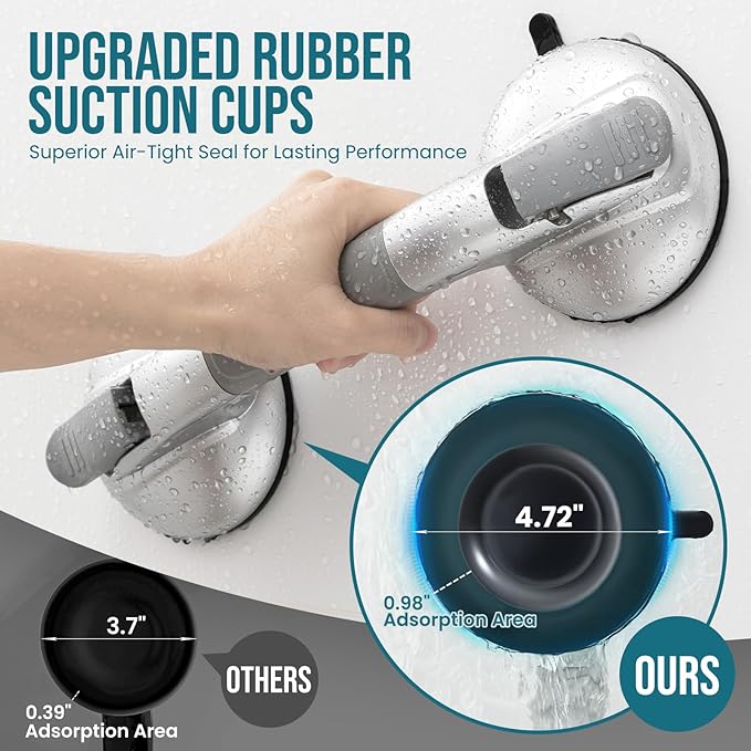 TAILI Grab Bars for Bathtubs and Showers,2 Pack Shower Handles for Elderly Suction,Maximum 330lbs,Shower Bar with Upgraded Rubber Suction Cups,Safety Grip for Senior, No Drilling Removable,Silver