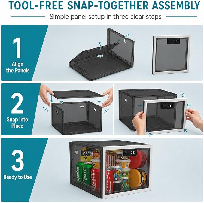 2 Pack Large Medication Lock Box with Code, Clear Lockable Storage Box for Refrigerator, Cabinet & Dorm, Stackable Medicine Box for Prescriptions, Snacks, Phone, 11.9" x 9.3" x 7.6", Black